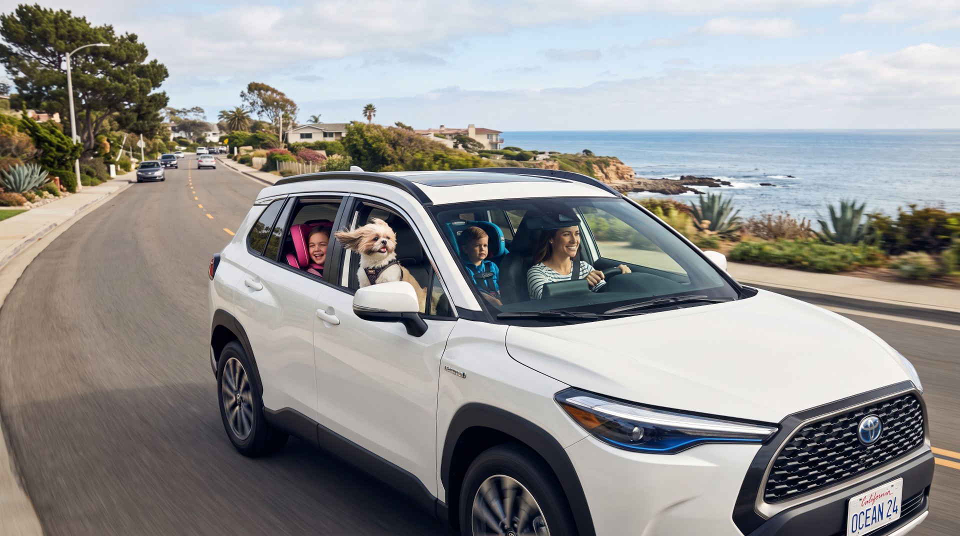 woman and kids and dog in a toyota corolla cross